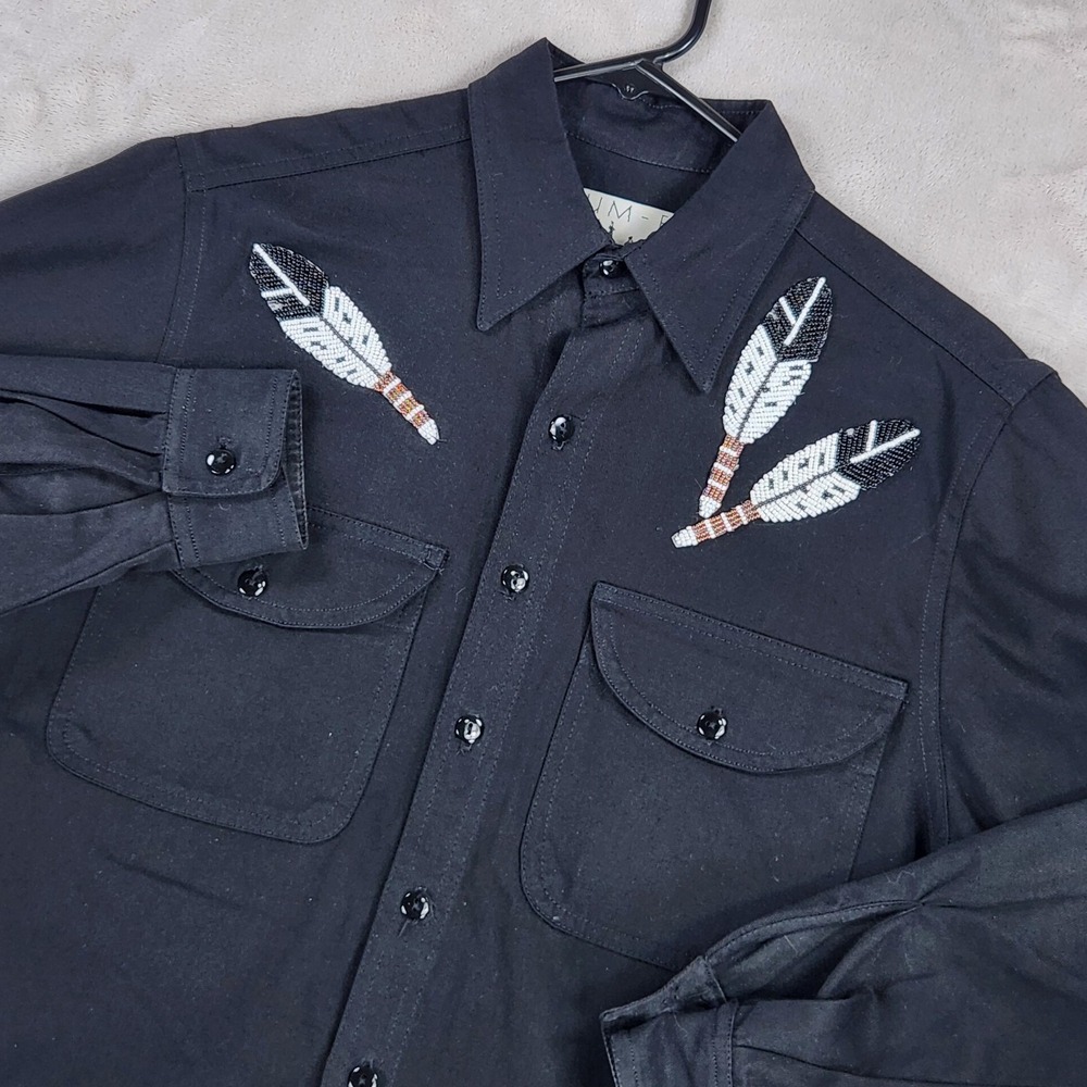 SUM-ES Shirt Womens Small Black Beaded Feather Western Button Up Made In USA